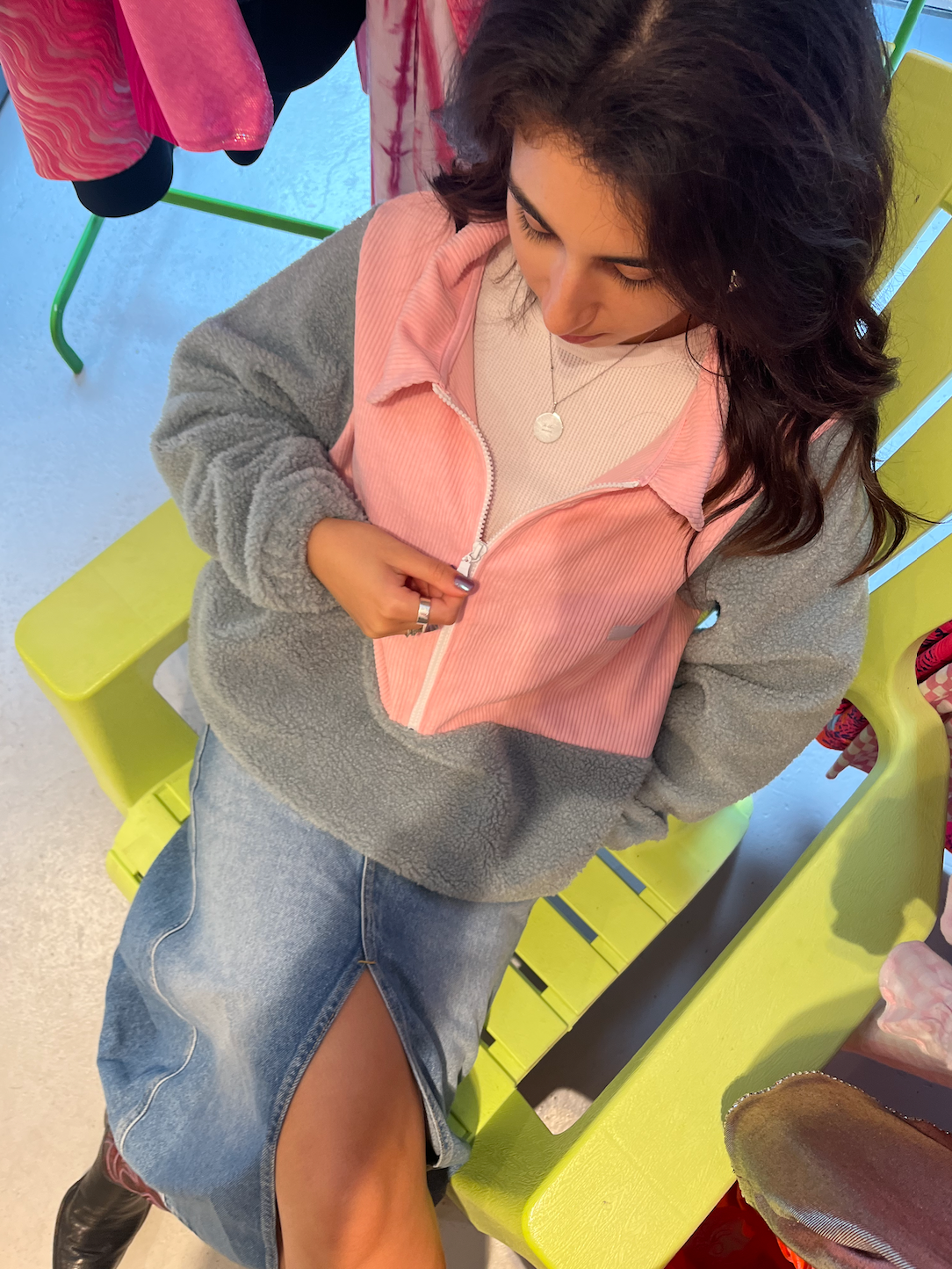 CORD SHERPA HALF ZIP FLEECE TEAL PINK