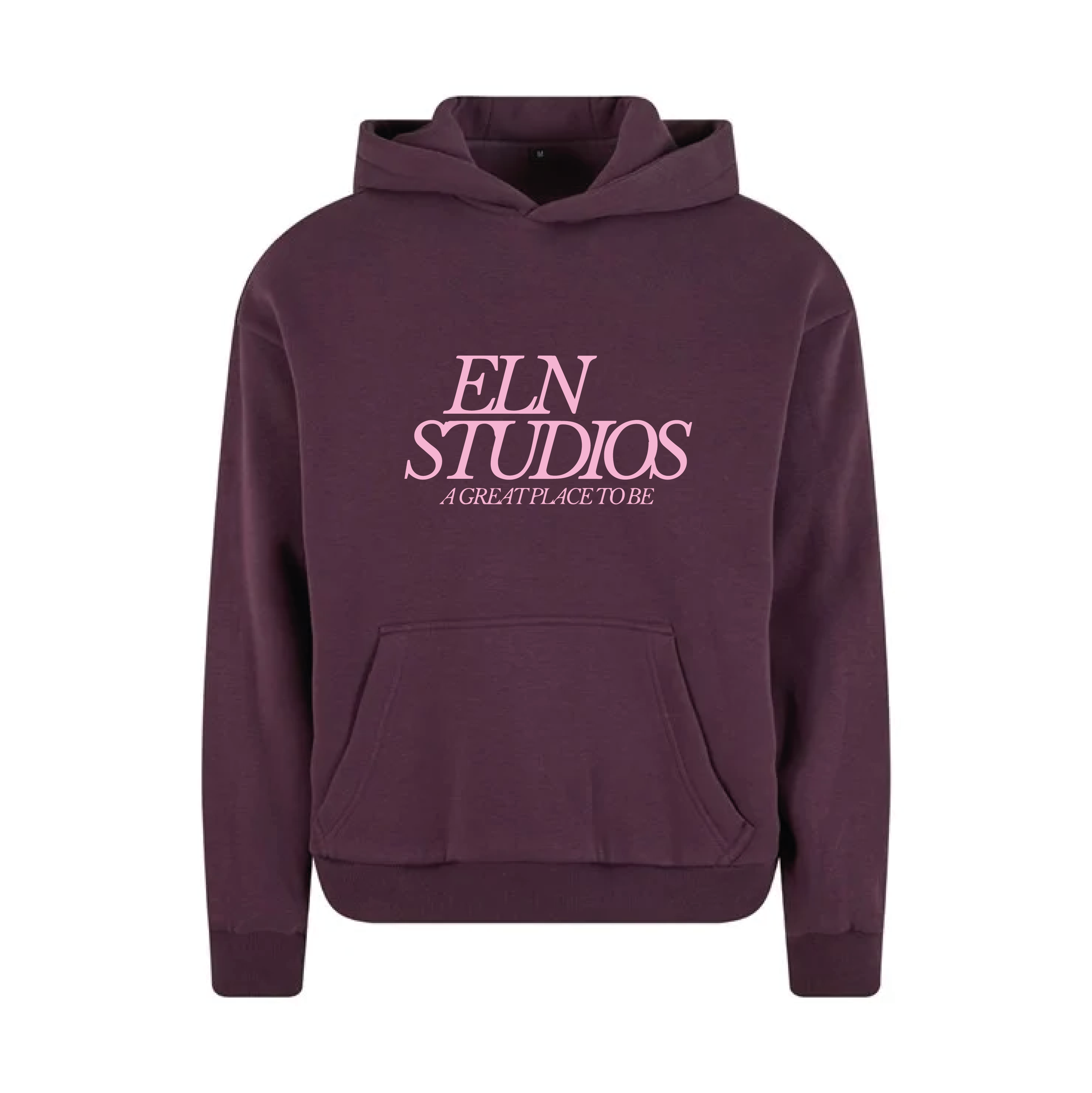 Maroon hoodie with 'ELN STUDIOS A GREAT PLACE TO BE' text on a white background